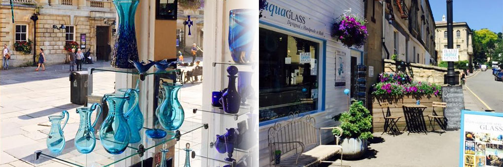 Bath Aqua Glass Shops next to the Roman Baths and in Walcot Street